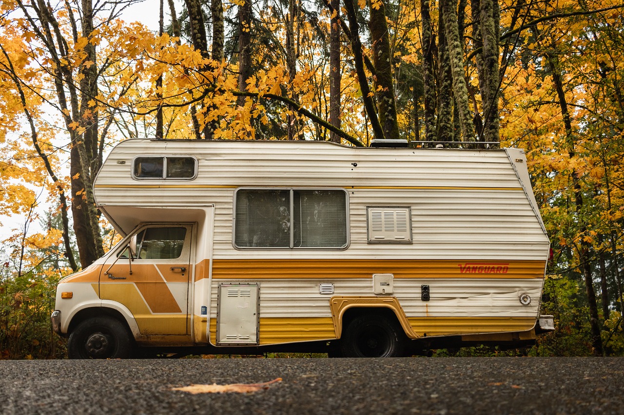Een camper op een bosweg omringd door kleurrijke herfstbomen
