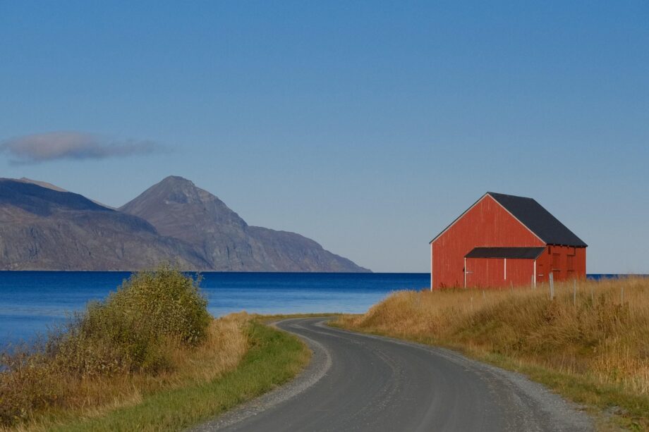 Auto rijdt langs een schilderachtig Noors fjord in de herfst